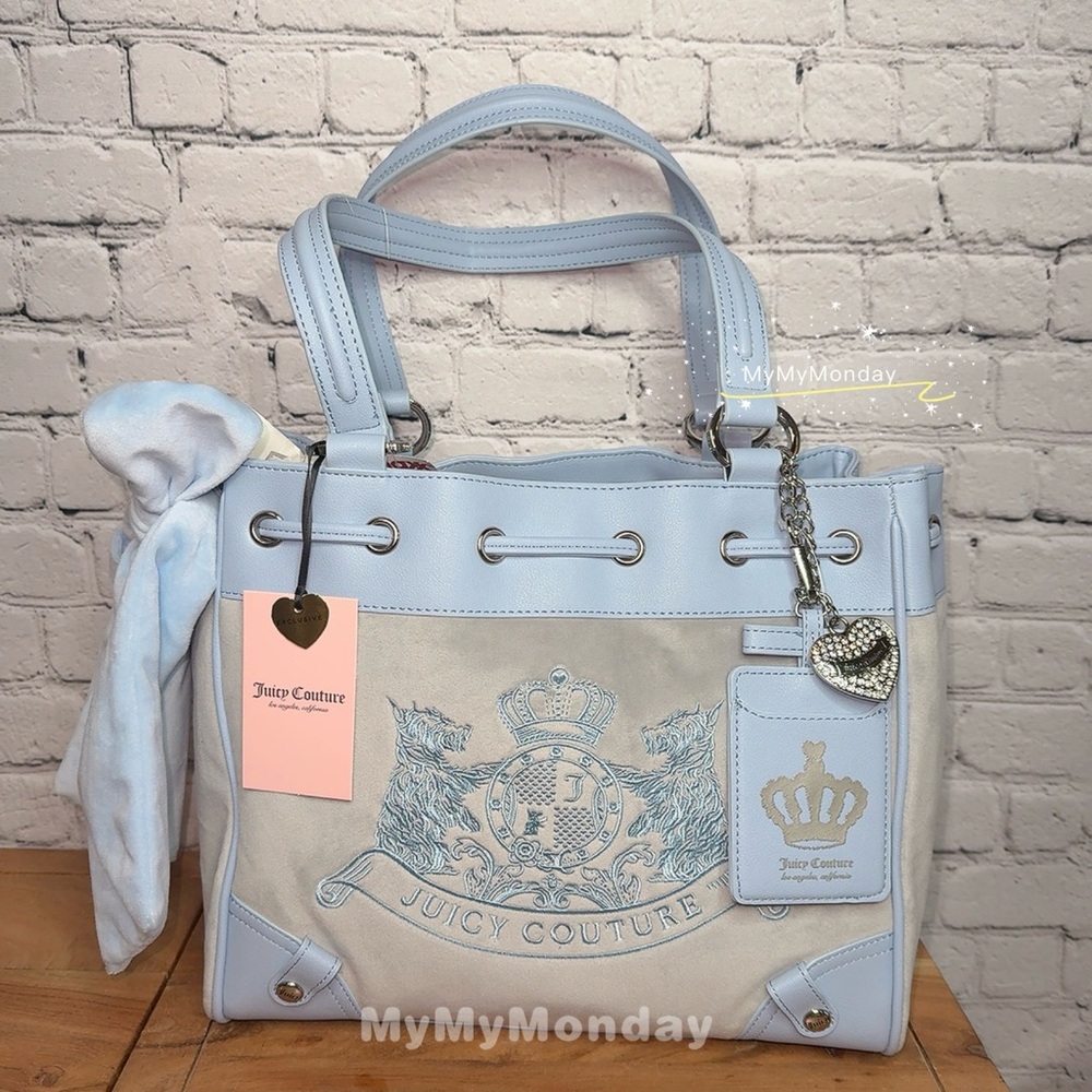 Juicy Couture Classic Scottie Dogs Daydreamer Tote Bag Purse Dove Gray Blue